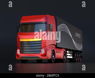 Design generico Red Heavy Electric Truck su sfondo nero. Immagine di rendering 3D. Foto Stock