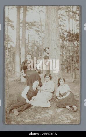 Groepsportret van vier onbekende vrouwen en een MAN in een bos met een hangmat Group ritratto di quattro donne sconosciute e un uomo in una foresta con un tipo di oggetto amaca: Foto numero articolo: RP-F F20718 Produttore : fotografo: Anonimo Data: CA. 1900 - ca. 1915 Materiale: Carta di cartone Tecnica: Carta leggera dimensioni di stampa: Foto : h 139 mm × W 89 mm Oggetto: Personaggi storici anonimi Raffigurati in un gruppo, in un gruppo-ritrattammockforest, legno procurement e. Foto Stock