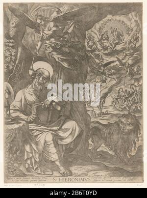 H Hieronymus in de wildernis contemplerend over het laatste oordeel S Hieronimus (titel op object) H. Jerome con libro e quill nel deserto contemplerend circa l'ultimo giudizio. Destra una scena di giudizio finale con Cristo, Maria e santi e nubi dannate disegnate dai demoni nell'inferno. Hieronymus si alce sopra un soffio su un angelo a tromba. Leone destro. Titolo e didascalia in latino in ondermarge. Produttore : printmaker Antonio Tempesta (listed building) nel suo design: Antonio Tempesta (listed building) editore: Battista Panzera (listed property) Produzione Locale: Printmaker: Italy To own desi Foto Stock