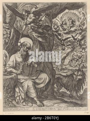 H Hieronymus in de wildernis contemplerend over het laatste oordeel S Hieronimus (titel op object) H. Jerome con libro e quill nel deserto contemplerend circa il giudizio finale. Destra una scena di giudizio finale con Cristo, Maria e santi e nubi dannate disegnate dai demoni nell'inferno. Hieronymus si alce sopra un soffio su un angelo a tromba. Leone destro. Titolo e didascalia in latino in ondermarge. Produttore : printmaker Antonio Tempesta (listed building) nel suo design: Antonio Tempesta (listed building) editore: Battista Panzera (listed property) Produzione Locale: Printmaker: Italy To own des Foto Stock
