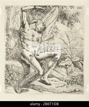 H Sebastiaan il San Sebastiano con una freccia sul suo fianco si appoggia contro un vecchio boom. Produttore : stampatore: Leendert van der Cooghennaar own design: Leendert van der CooghenPlaats manufacturing Haarlem dating: 1665 caratteristiche Fisiche: Materiale di incisione: Tecnica della carta: Dimensioni di incisione: Bordo della piastra: H 128 mm × W 115 mm Soggetto: Il martire Sebastian; attributi possibili: Freccia (s), arco, tronco-albero Foto Stock