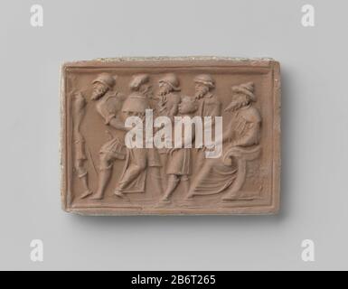 Haardsteen met voorstelling van Daniël, die de beide ouderlingen uit de geschiedenis van Suzanna afzonderlijk aan een verhoor onderwerpt fabbricante : vervaardiger: AnoniemPlats fabbricante: Nederland Dating: CA. 1875 - ca. 1900 kenmerken Fisico: Aardewerk Materiale: Aardewerk Techniek: Bakken / stempelen dimensioni: H 10 cm. × b 14,5 cm. × d 1,2 cm. Foto Stock