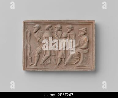 Haardsteen met voorstelling van Daniël, die de beide ouderlingen uit de geschiedenis van Suzanna afzonderlijk aan een verhoor onderwerpt fabbricante : vervaardiger: AnoniemPlats fabbricante: Nederland Dating: CA. 1875 - ca. 1900 kenmerken Fisico: Aardewerk Materiale: Aardewerk Techniek: Bakken / stempelen dimensioni: H 10 cm. × b 14,5 cm. × d 1,2 cm. Foto Stock