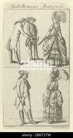 Cinque cifre in piedi distribuite su due telai. Nella parte superiore: Due uomini in frak, gilet e pantaloncini. Donna in abito e gonna sormontata da strisce stropicciate. Accessori: Cappello, ventilatore, scarpe con tacco. Nella parte inferiore: Sfrangiata, gilet e pantaloni con stivali. Accessori: Cappello, bastone da passeggio. Donna in una veste à la polonaise e gonna. In mano, un ombrellone. La foto fa parte dell'almanac Habillemens François, circa 1778-1780. Produttore : printmaker: Rosmasler (edificio elencato) nel suo design: Rosmasler Dating: CA. 1778 - ca. 1780 caratteristiche Fisiche: Materiale di incisione: Tecnica della carta: E Foto Stock