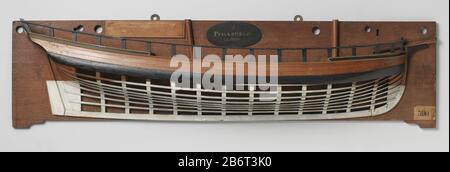 Halfmodel van een schoener van 6 stukken Gepolychromeerd mallenmodel (stuurboord) van een twemaster. De huid boven het barkhout is gesloten, het schip heedft een reling. Laag rond voorschip, de voorsteven opkomend tot verticaal. Gewrongen spiegel, hol wulf, geen details van het hek, geen zijgalerij, sterk vallende achtersteven; recht roer met vierkante roerkoning, kiel ha incontrato hieling. ZEEG naar beide einden oplopend, zeer hoog achterschip, één barkhout en één reehout. Gepiekt rondsprant; gebogen kiel ha incontrato opkomende uiteinden. De grote mast helt naar achter, de fokkemast staat bijna verticaal. Schaa Foto Stock