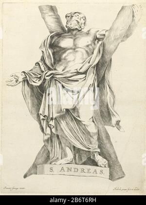 Heilige Andreas Saint Andrew, con croce a forma di x. La statua di François Duquesnoy. Produttore : printmaker: Hendrick de Graauw (edificio elencato) per visualizzare: François Du Quesnoy (edificio elencato) Editore: Hendrick de Graauw (proprietà elencata) Data: CA. 1637 - 1693 caratteristiche Fisiche: Materiale di attacco: Tecnica della carta: Dimensioni di attacco: Bordo della piastra b 312 mm x h 413 mm Oggetto: L'apostolo Andrea; attributi possibili: Libro, croce a forma di X, pesce, rete da pesca, corda, scroll right and Foto Stock