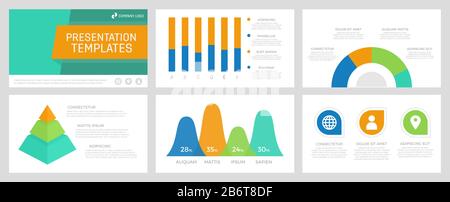 Set di elementi blu e arancione, verde e turchese per le diapositive dei modelli di presentazione multifunzione con grafici e grafici. Illustrazione Vettoriale