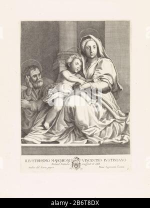 Heilige Familie Mary con il figlio di Cristo al suo giro Giuseppe seduto accanto a loro. Centro inferiore del margine i bracci di Vincenzo Giustiniani. In basso a sinistra numerata 6. Produttore : stampatore Michel Natalis (proprietà in elenco) a dipingere di Andrea del Sardo (proprietà in elenco) assegnato a: Vincenzo Giustiniani (1564-1637) (edificio in elenco) Luogo fabbricazione: Roma Data: 1632 - 1633 caratteristiche Fisiche: Materiale per auto: Carta Tecnica: Engra (processo di stampa) dimensioni: Bordo della lastra: H 296 mm × W 215 mmToelichtingPrent utilizzare come foglio 6: Galleria Giustiniana del Marchese Vincenzo Giustiniani, parte Foto Stock