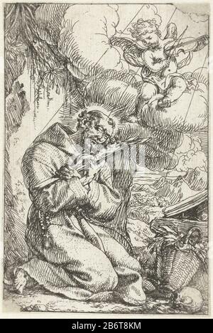 Heilige Franciscus het kruis kussend San Francesco seduto sul pavimento in un paesaggio, un crocifisso nelle sue braccia. Una nuvola nel cielo un angelo che gioca una vena. Produttore : stampatore Jonas Umbachnaar own design: Jonas UmbachPlats manufacturing: Augsburg Data: 1634 - 1693 caratteristiche Fisiche: Acquaforte materiale: Tecnica della carta: Acquaforte dimensioni: Foglio: H 119 mm × W 79 mm Soggetto : un angelo che suona il violino Appare a San Francesco d'Assisi; Francesco forse sulla sua falce, death bed, o meditando in aria aperta Foto Stock