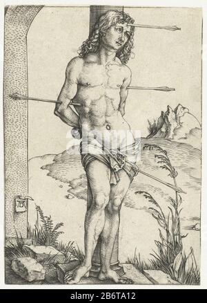 Heilige Sebastiaan il San Sebastiano, legato ad un pilastro, frecce nella sua licham. Produttore : stampatore: Albrecht Dürer (indicato sull'oggetto) Fabbricazione Del Luogo: Nürnberg Data: 1497 - 1501 caratteristiche Fisiche: Engra materiale: Carta Tecnica: Engra (processo di stampa) Misure: Foglio: H 106 mm × b 76 mm Oggetto: St. Sebastian, legato ad un albero o un pilastro è trafitto da freccia Foto Stock