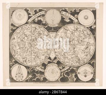 Hemelkaart met de noordelijke en zuidelijke sterrenbeelden Planisphaerium coeleste (titel op Object) Mappa celeste con costellazioni settentrionali e meridionali. Sopra, da sinistra a destra, le viste del sistema di Tycho Brahe, il sistema di Tolomeo e gli effetti della luna sulla marea. Sotto, da sinistra a destra, viste delle fasi lunari, del sistema di Nicholas Copernicus e della posizione della terra durante la rotazione intorno al sole, secondo Philippus Lansbergen. Produttore : produttore di stampa: Editore anonimo: Pieter Schenk (i) (riferito all'oggetto) fornitore di privilegi: St Foto Stock