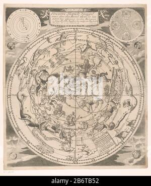 Hemelkaart met de noordelijke sterrenbeelden Nieuwe hemels spiegel waer door den hemel, aerde, en zee dadelik () (titel op object) Mappa celeste con le costellazioni settentrionali, centrate intorno alla pole star. Sopra, al centro, il titolo cartouche portato da putti. In alto a sinistra un display del sistema di Nicolaas Copernicus. In alto a destra è illustrata la rotazione della terra intorno al zon. Produttore : stampatore: Andreas Luchtenburg (possibile) progettato da Andreas di Luchtenburg (edificio elencato) editore Cornelis Danckerts (II) (edificio elencato) commissionato da: Sconosciuto dedicato a: Fritto Foto Stock