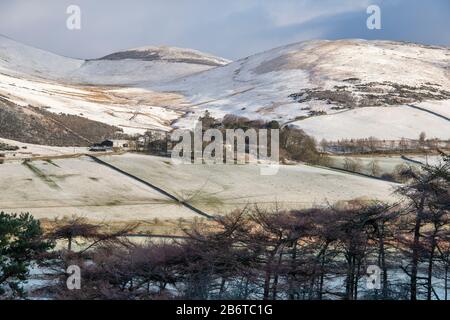 Fattoria scozzese e terra lungo la valle tweed nella neve d'inverno. Vicino Drumelzier, Tweed Valley, Scottish Borders, Scozia Foto Stock