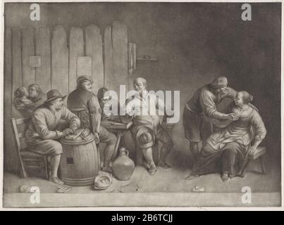 In una locanda sono alcuni uomini che parlano al tavolo, bere e fumare. In primo piano un uomo fa progressi verso una donna che lo rifiuta. Sullo sfondo, prova uno degli uomini una donna a baciare, ma lei lo rinchiude e lo fa af. Produttore : stampatore: Anonimo Data: 1650 - 1800 caratteristiche Fisiche: Mezzotinta materiale: Carta Tecnica: Dimensioni mezzotinta: Bordo della lastra: H 310 mm × W 420 mm Foto Stock