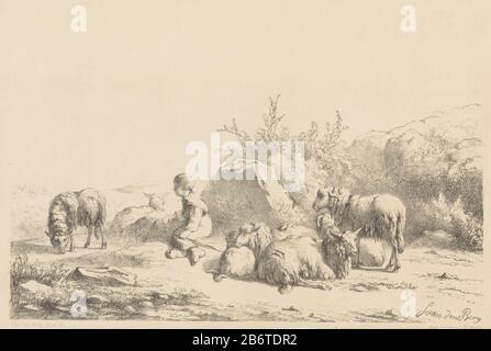 Herder en schapen un ragazzo seduto a terra con una roccia. È a piedi nudi e sta tenendo un bastone da passeggio. Intorno a lui e sono schapen. Produttore : tipografo Simon van den Berg (edificio elencato) stampante: Royal Dutch Steendrukkerij of CW Mieling (proprietà in elenco) Luogo fabbricazione: Stampatore: Paesi Bassi Editore: The Hague Data: 1822 - 1891 caratteristiche Fisiche: Litografia materiale: Carta Tecnica: Litografia (tecnica) dimensioni: Foglio: H 177 mm × W 273 mm Oggetto: armento, gregge ovini giovani, giovani, adolescenti (+ seduti a terra) Foto Stock