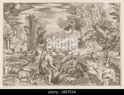 Herder met kudde schapen Een jorge herder met zomerhoed leidt zijn kudde schapen op een heuvel. Zijn hond kijkt toe op de voorgrond rechts. Op de achtergrond rechts een bosrijke heuvel en links een antieke ruïne en een wandelaar. Produttore : stampatore: Anoniemnaar ontwerp van: Titiaan (vermeld op object)uitgever: Giovanni Giacomo de'Rossi (vermeld op object)Plaats manufacturing: Italiënaar ontwerp van: Italiëuitgever: Rome dating: 1637 - 1691 Physical kenmerken: Gravure Material: Papier Techniek: Graveren (drukprocedden) × (259 mm) Foto Stock