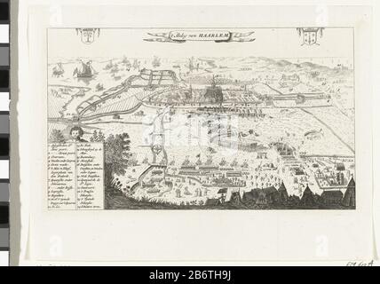 Het beleg van Haarlem, 1572-1573 't Beleg van Haarlem (titel op Object) Wandeling van het beleg van de stad Haarlem met het omringend gebied in vogelvluchtperspectief. Op de voorgrond de legerplaats van de Spaanse troepen bij het Huis ter Kleef. Linksonder een cartouche opgehuden door een jonge man met de legenda 1-24 in het Nederlands. Bovenaan een vaandel met de titel, linksboven een wapen met een verdorde boom en rechtsboven het wapen van Haarlem. Produttore : Pentmaker: Anoniemnaar prent van: Willem Outgertsz. Akerslootnaar ontwerp van: Pieter Jansz. SaenredamPlaats manufacture: Prentm Foto Stock