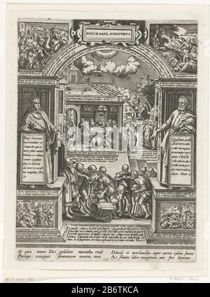 Het laven van de dorstigen Potum dare sitientibus (titel op Object) De zeven werken van bararmhartigheid (serietitel) il quench assetato, il secondo delle sette opere di misericordia. Lo spettacolo si svolge in una cornice architettonica con prua. Sopra, cartouche, il titolo. Nel mezzo dello sfondo del matrimonio a Cana, e Cristo e la Samaritana al pozzo; in primo piano, avere sete di bere. Un uomo che porta un barile su un carrello di legno. Nei quattro angoli estremi scene di O.T .: Eliezer e Rebecca al pozzo, Agar entra nel deserto per bere da un angelo, Moses colpisce wa Foto Stock