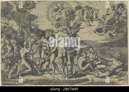 Het oordeel van Paris un incontro di dei in un paesaggio. In primo piano Parigi fa una scelta tra Venere, Giunone e Minerva. Alle Spalle Dello Stato Di Parigi Mercury. Apollo vola sulla sua auto solare attraverso lucht. Produttore : stampatore Marco dente da stampare a cura di Marc Antonio Raimondinaar design: Rafael (proprietà in elenco) Luogo produzione: Italia Data: 1498 - 1532 caratteristiche Fisiche: Materiale per auto: Carta Tecnica: Engra (processo di stampa) dimensioni: Foglio: H 289 mm × W 430 mmToelichtingDe angoli sono restaurati con nuovi pezzi di carta Dove: in penna marrone nelle parti mancanti sono nagetekend. Oggetto: Il Ju Foto Stock