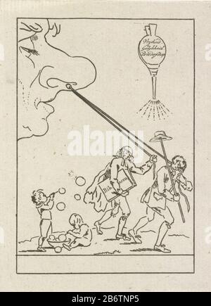 Het volk bij de neus genomen, 1796 Cartoon sinistra con una testa grande (il popolo), guidato dal naso da due uomini: Un pastore e un uomo con il cappello di libertà su una lancia. Nel soffietto pneumatico della libertà, uguaglianza e Fraternità. In basso a sinistra due bolle di soffiaggio kinderen. Produttore : printmaker Pieter van Woensel Luogo produzione: Paesi Bassi Data: 1795 - 1796 caratteristiche Fisiche: Materiale di incisione: Tecnica della carta: Incisione dimensioni: Foglio: H 119 mm × W 87 mmToelichtingGebruikt come illustrazione in Pieter van Woensel, Lanterna per 1796 di Amurath Effendi. Amsterdam. Oggetto: Parti del volto: Naso batavian Re Foto Stock