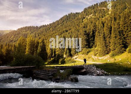 Il turista con grande zaino verde sta attraversando il fiume a ponte nella foresta della valle di montagna nel parco nazionale di Karakol, Kirghizistan Foto Stock