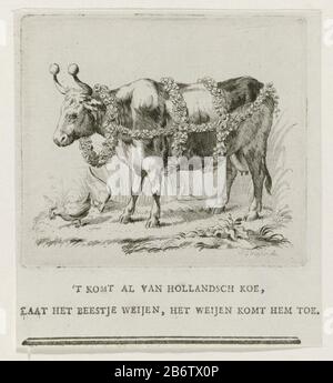 Hollandsche koe, 1787 la mucca olandese se paaskoe o guild-os decorato con festoni, ghirlande e palle sulle corna. Con un'onderschrift a due linee. Produttore : Printmaker Jan Gerritsz. Visser (proprietà elencate) Designed by John le Francq of Berkhey (attribuito a) Luogo di produzione: Nord Paesi Bassi Data: 1787 caratteristiche Fisiche: Incisione, engra e materiale di stampa: Carta Tecnica: Incisione / engra (processo di stampa) / formati di stampa: Foglia: H 96 mm × W 87 mmToelichtingGebruikt come illustrazione in John le Francq di Berkhey. Il Koemarkt Politico Olandese. O Samenspraek, tra una spia e un (.. Foto Stock