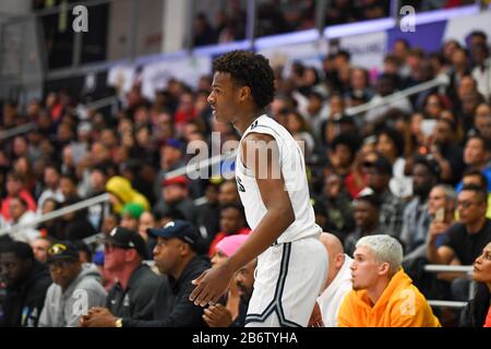 Sierra Canyon Trailblazers guardia Bronny James (0) durante un CIF state Open Division Southern Regional finale High School gioco di pallacanestro contro Etiwanda, martedì 10 marzo 2020, a Northridge, California, Stati Uniti. (Foto di IOS/Espa-Images) Foto Stock