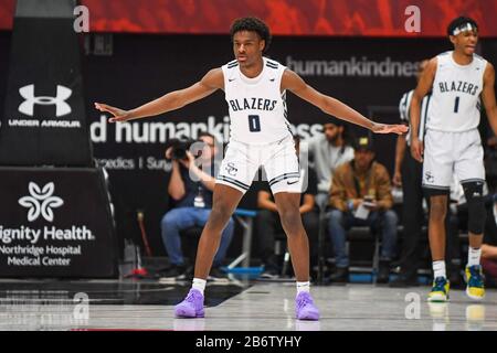 Sierra Canyon Trailblazers guardia Bronny James (0) durante un CIF state Open Division Southern Regional finale High School gioco di pallacanestro contro Etiwanda, martedì 10 marzo 2020, a Northridge, California, Stati Uniti. (Foto di IOS/Espa-Images) Foto Stock