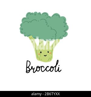 Broccoli personaggio divertente cartone animato. Illustrazione del vettore isolata. Concetto di cibo sano, vegetariano. Broccoli hanno astratto, cartone animato, stile disegnato a mano. Illustrazione Vettoriale