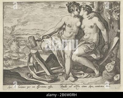 Hoop en Vertrouwen (Fidutia Spes) De verenigde deugden (seriettel) Spes e Fidutia in primo piano; un contadino che arava il suo campo in background a sinistra. Stampare una serie di quattro. Su ogni pagina si può vedere una combinazione di due virtù. Sotto ogni immagine di questa serie un controllo Latijn. Produttore : tipografo: Hendrick Goltzius A disegno proprio di: Hendrick Goltzius Editore: Hendrick Goltzius Lavorazione Del Luogo: Haarlem Data: 1580 - 1584 caratteristiche Fisiche: Engra materiale: Tecnica della carta: Engra (processo di stampa) Misure: Bordo della lastra: H 153 mm b × 205 mm Oggetto: Hope, 'pes'; Foto Stock