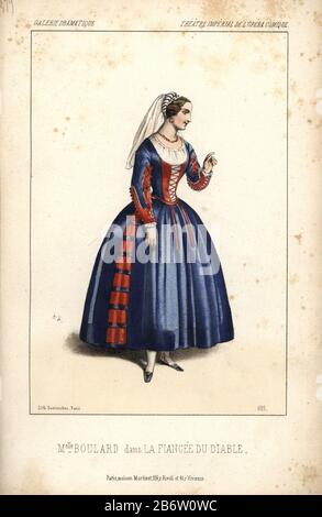 Mlle. Boulard in 'La fidanzata du Diable' all'Opera Comique. Miss Boulard è stato chiamato 'molto normale' e 'mediocre' dalla critica. Litografia Handcolored da Alexandre Lacauchie da 'Galerie Dramatique: costumi des teatri de Paris" 1853. Foto Stock