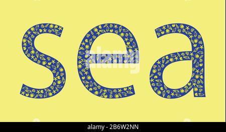 inusuale iscrizione blu mare con contorni gialli di vari molluschi e conchiglie su sfondo giallo chiaro Illustrazione Vettoriale