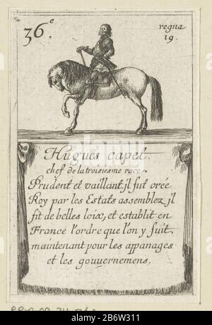 Hugo Capet Hugues capet (titel op object) Kaartspel ha incontrato heersers van Frankrijk (seriettel) Cartes des rois de France (seriettel) giocando con una presentazione del re francese Hugh Capet. Testo sotto la voce. Produttore : stampatore: Stefano della Bella Editore: Henry le Gras Concedente di privilegio: Sconosciuto luogo fabbricazione: Parigi Data: 1620 - 1664 caratteristiche Fisiche: Acquaforte materiale: Tecnica della carta: Dimensioni incisione: Bordo della lastra: H 90 mm × b 54 mmStampa ToelichtingDeze fa parte di un gioco di carte con 39 carte con immagini di re francesi. La serie è stata ideata da Jean Desma Foto Stock