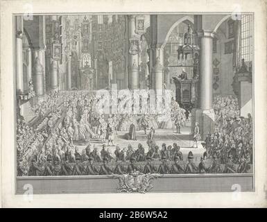 Huwelijk van Karel Christiaan van Nassau-Weilburg ha incontrato prinses Carolina, 1760 cerimonia nuziale Charles Christian, Principe di Nassau-Weilburg principessa Carolina, marzo 5th 1760. Interno del Grote Kerk a l'Aia con tutti gli ospiti, il ministro parla la coppia a. Al matrimonio, il giovane principe Guglielmo V e il suo guardiano, il Duca di Brunswick. Sotto i bracci della coppia. Nello stato successivo dell'immagine è incluso un tekstblad. Produttore : printmaker Simon Fokke a disegno: Tethart Philip Christian Haag Place fabbricante: Printmaker Amsterdam a disegno: The Hague Data: 1761 Foto Stock
