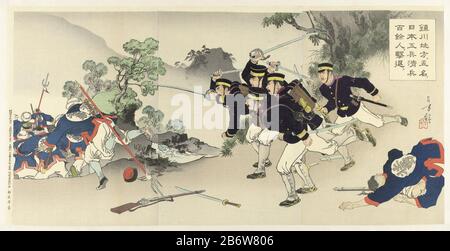 Cinque ingegneri giapponesi guidano più di cento soldati cinesi nella regione di Chinchon. Questo incidente helifdhaftige ebbe luogo durante La Prima guerra sino-giapponese (1894-1895). Produttore : stampatore: Mizuno Toshikata (edificio elencato) editore: MATSUKI Heikichi (proprietà quotata) Luogo fabbricazione: Giappone Data: 1894 caratteristiche Fisiche: Legno a colori; blocco di linea in nero con blocchi di colore; materiale lucidante: Tecnica della carta: Legno a colori / lucidatura dimensioni: Foglio: H 359 mm × W 735 mm Oggetto: Prima guerra sino-giapponese (1894-1895) Foto Stock