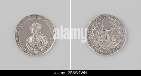 Inhuldiging van Willem V, prins van Oranje-Nassau, als erfelijk stadhouder van de Nederlanden Zilveren panning. Voorzijde: Borststuk uomo binnen omschrift. Keerzijde: Galei binnen twee orandjetakken en omschrift fabbricante : Carel Frederik KonséPlats fabbricante: Nederland dating: 1766 Materiale: Zilver Techniek: Slaan dimensioni: D 3,2 cm. × g 13,96 gr Data: 1766-03-08 - 1766-03-08Wie: Willem V (prins van Oranje-Nassau) Foto Stock