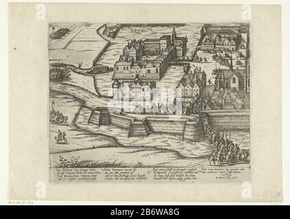 Inname van Breda, 1590 l'ingestione di Breda il 4 marzo 1590. In alto a sinistra vele turfschip per la città, a destra essere sovralimentata gli occupanti, in primo piano lea le truppe spagnole da Breda. Con la firma di tre versi di quattro righe e un verso di due righe in tedesco. Numerato (a mano): 121 e datato. Leaf proviene da un album. Produttore : stampatore Francese High Shed prodotto: Germania Data: 1590 - 1592 caratteristiche Fisiche: Acquaforte materiale: Tecnica della carta: Acquaforte dimensioni: Bordo della lastra: H 211 mm × W 263 mmToelichtingSpiegelbeeldige ripetizione dell'immagine della montagna alta francese: FMH 4 Foto Stock