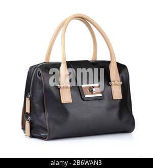 Borsa in pelle nera femmina isolata su bianco Foto Stock