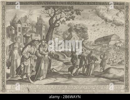 Inscheping van de Ark van Noach Afbeeldinghe vande Arcke ha incontrato Noe en het vee daerbij (titel op object) Royaalbijbel (seriettel) Noah e sua moglie hanno lasciato il primo piano, camminando con i loro tre figli e figlie all'arca. Gli animali due per due nell'arca. Proprio nell'aria il tetragrammaton il Padre come simbolo di Dio. Sotto il testo di esecuzione in olandese e una riga di testo in Latijn. Produttore : printmaker Jan van Londerseel (listed building) publisher Claes Jansz. Visscher (II) (edificio elencato) editore: Nicolaes Visscher (i) editore: Nicolaes Visscher (II) Luogo manufactu Foto Stock