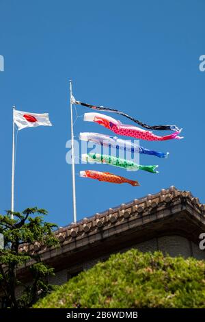 Bandiere koinobori giapponesi per il giorno dei bambini su sfondo blu cielo Foto Stock