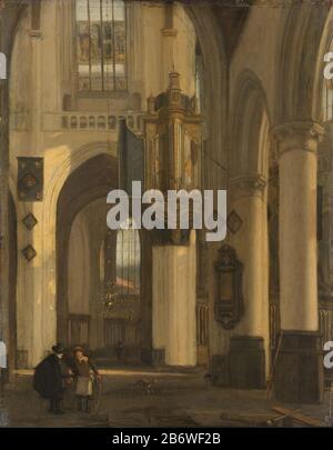 Interieur van een protestantse gotische kerk ha incontrato motieven van de Oude en de Nieuwe Kerk te Amsterdam, SK-A-474 interno di una chiesa gotica protestante con elementi presi in prestito dalla Vecchia e dalla Nuova Chiesa di Amsterdam. Contro una colonna si blocca un piccolo organo. In primo piano a sinistra un uomo parla con il grafdelver. Produttore : pittore Emanuel de Witte Data: 1677 caratteristiche Fisiche: Olio su pannello materiale: Olio su pannello dimensioni: Supporto: H 48 cm. B × 37 cm. Dimensioni esterne: D 5 cm. (Compreso supporto SK-L-6567). Foto Stock