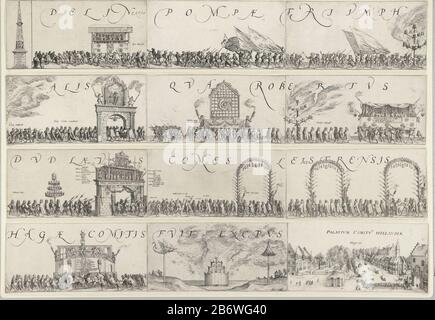 Intocht van Leicester te Den Haag, 1586 Delineatio pompae triumphalis qua Robertus Dudlaeus comis Leicestrensis Hage comitis fuit exceptus (titel op object) ingresso Festivo tenuto da Robert Dudley, conte di Leicester, all'Aia il 6 gennaio 1586. Dodici fogli numerati destinati ad una successione lunga per adattarsi. La sfilata di porte trionfali, archi, impalcature con musicisti e scene e falò mostrati nei primi dieci dischi, gli ultimi due piatti dei fuochi d'artificio sulla spiaggia (a Scheveningen?) E l'Hofvijver e Binnenhof. Produttore : stampatore: Jacob Savery (i) Fabbricazione Del Luogo: NOR Foto Stock