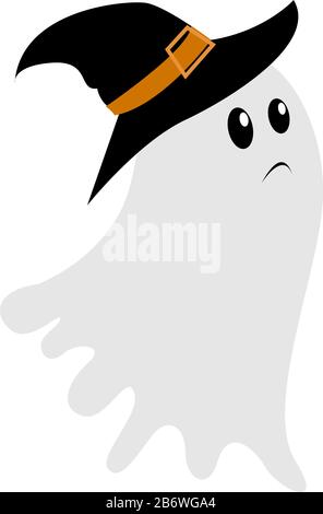 Triste fantasma con cappello, illustrazione, vettore su sfondo bianco. Illustrazione Vettoriale