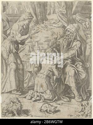 Isaak zegent Jakob Geschiedenis van Jakob (seriettel) il vecchio e cieco Isacco benedisse Giacobbe, pensando che fosse Esaù. Giacobbe, travestito da suo fratello inginocchiato, riceve la benedizione di suo padre, mentre sua madre lo incoraggiò. La stampa fa parte di una serie sulla storia di Jakob. Produttore : Printmaker: Dirck Volckertsz. Coornhert (attribuito a), progettato da Maarten van Heemskerck (proprietà in elenco) Luogo di produzione: Haarlem datazione: 1549 caratteristiche Fisiche: Materiale di incisione: Tecnica della carta: Incisione dimensioni: Foglio: B 192 mm x H 242 mm Soggetto Isacco giacente in camera Jacob che, mascherato i Foto Stock