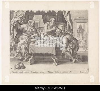 Isaak zegent Jakob Geschiedenis van Jakob en Esau (seriettel) Theatrum biblicum () (serietitel) il vecchio e cieco Isacco benedice Giacobbe, inginocchiato dal letto. Con l'aiuto di sua madre Rebekah, che siede sul bordo del letto, si travestì come Esaù per ricevere la benedizione. Il suo collo e le sue mani Giacobbe indossa la pelle di una capra per far apparire il fratello peloso. Sullo sfondo Esaù ritorna dalla caccia. Tra le prestazioni, un riferimento in latino alla Bibbia nel Gen. 27. Produttore : progettare: Maerten il Vosprentmaker: Anonymous publisher Claes Jansz. Visscher (II) fabbricazione Di Luoghi: Foto Stock