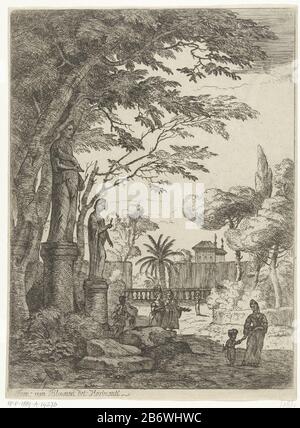 Italianiserend landschap met twee beelden en wandelaars in Park Italianate landscape con due immagini ed escursionisti nel parco tipo oggetto: Immagine numero articolo: RP-P-1889-A-14276Catalogusreferentie: Leblanc 2 Iscrizioni / marchi: Marchio del collettore, centro del fondo opposto, stampato: Lugt 2228 Produttore : stampatore: John French Flowers (elencato sull'oggetto) Luogo produzione: Roma Data: 1689 - 1749 caratteristiche Fisiche: Acquaforte materiale: Carta Tecnica: Acquaforte dimensioni: Foglio: H 239 mm × W 177 mm Oggetto: Giardini pubblici, parco e giardino ornamento Foto Stock