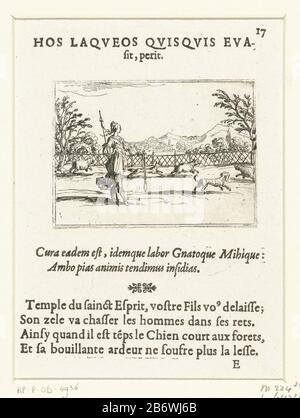 Jaagster Hos laqueos quisquis evasit, perit (titel op object) Leven van Maria in emblemen (serietitel) Presentazione di una cacciatrice che guida il suo cane dietro tre cinghiali e volpe. Al di sopra e al di sotto di questo post testi latini e francesi in letterpress. Questo capitolo fa parte della serie di emblemi "la vita di Maria negli emblemi". La prima condizione di questa serie comprende oltre ad una pagina del titolo e 26 emblemi anche tre lame con inni a Maria in letterpress senza afbeelding. Produttore : Printmaker Jacques Callotuitgever: Anthoine Charlot Luogo Produzione: Printmaker Nancy Editore: Francia Data: 1625 Foto Stock