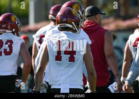 California meridionale Trojans Cornerback Jayden Williams (14) durante il primo giorno di primavera pratica, Mercoledì, Mar 11, 2020, a Los Angeles. California, Stati Uniti. (Foto di IOS/Espa-Images) Foto Stock