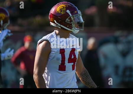 California meridionale Trojans Cornerback Jayden Williams (14) durante il primo giorno di primavera pratica, Mercoledì, Mar 11, 2020, a Los Angeles. California, Stati Uniti. (Foto di IOS/Espa-Images) Foto Stock