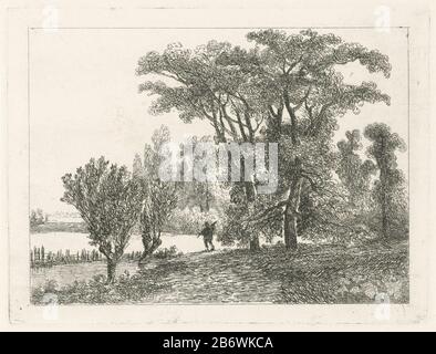 Jager bij een bosrand Vista al di fuori di una foresta e di un lago, dove due salici adiacenti stand. Su un sentiero corre un jager. Produttore : printmaker Hermanus Jan Hendrik van Huys Bountiful Luogo produzione: Utrecht dating: 1864 Caratteristiche Fisiche: Incisione; materiale di prova: Carta Tecnica: Incisione dimensioni: Bordo della piastra: H 142 mm × W 187 mm Oggetto: Foresta, cacciatore di legno libbre, gradini della piscina: Willow Foto Stock